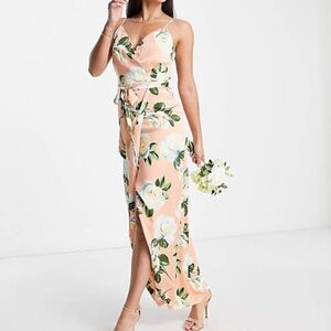 Liquorish Women's‎ Floral Print Satin Wrap Maxi Dress Party Pink Blush Size 10